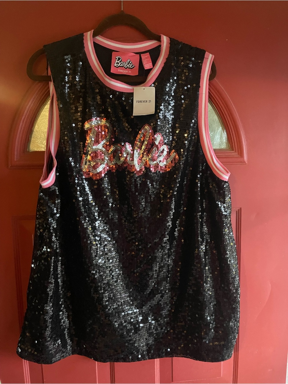 NWT Forever 21 Black Sequin Tank with Pink Trim and Multicolor 'Barbie' Logo